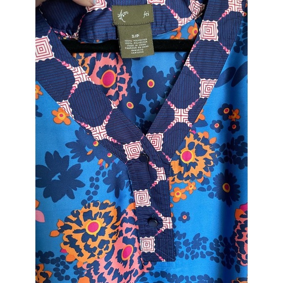 Fei by Anthropologie Womens African Tribal Top Flutter Sleeve Size S Blue - Picture 7 of 7